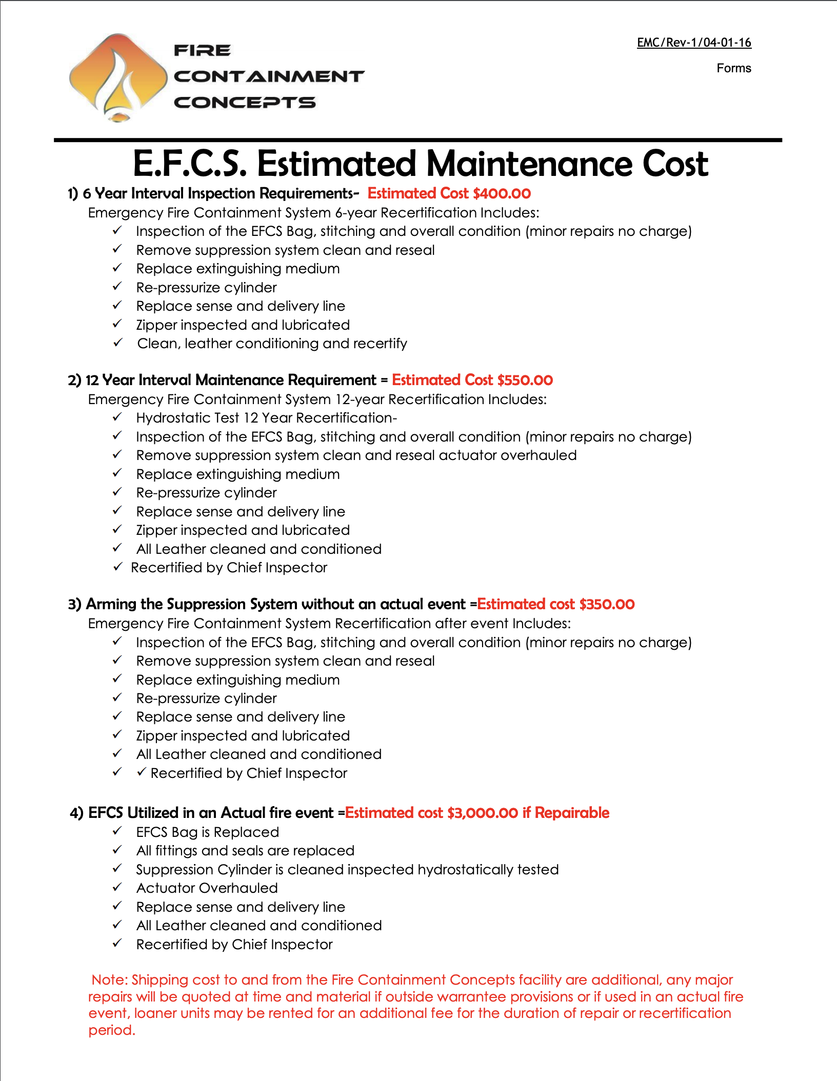 EFCS Estimated Maintenance Cost